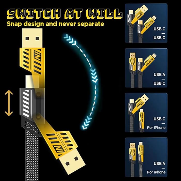 4-in-1 USB Charging Cable 65W – USB-C & Lightning Fast Charger